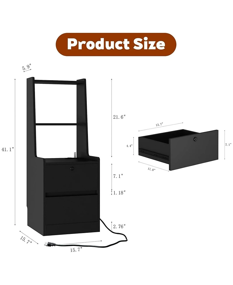Rainsken Nightstand with Charging Station and Night Light, Lockable Bedside Cabinet Table with 2 Storage Drawers and Bookshelf for Bedroom