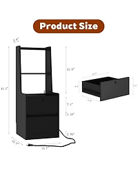 Rainsken Nightstand with Charging Station and Night Light, Lockable Bedside Cabinet Table with 2 Storage Drawers and Bookshelf for Bedroom