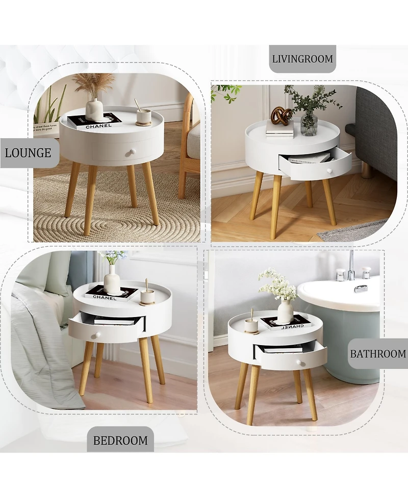 Rainsken Round Nightstand with Storage Drawer, Compact Oak Legs Bedside Table, Sofa Side Coffee Table for Bedroom, Living Room