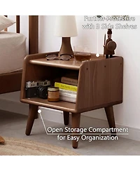 Rainsken Solid Wood Nightstand, Mid Century Modern Bedside Table with Open Storage Shelf for Bedroom, Living Room