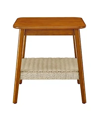 Rainsken 23" Square Wooden End Table with Woven Storage Shelf, Mid-Century Bedside Table, Nightstand for Living Room, Bedroom, Office