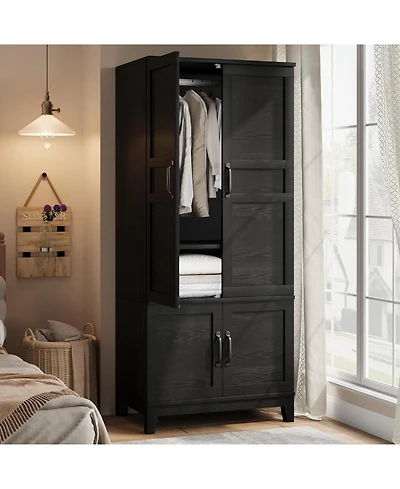 gaomon Vintage Tall Wooden and Metal Armoire Wardrobe Closet 4 Doors with Hanging Rod, Shelf,2 Drawers,Freestanding Storage Cabinet for Bedroom