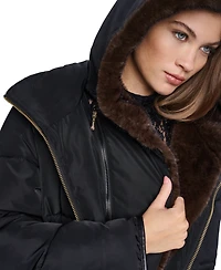 Halston Women's Faux Fur Bibbed Hooded Puffer
