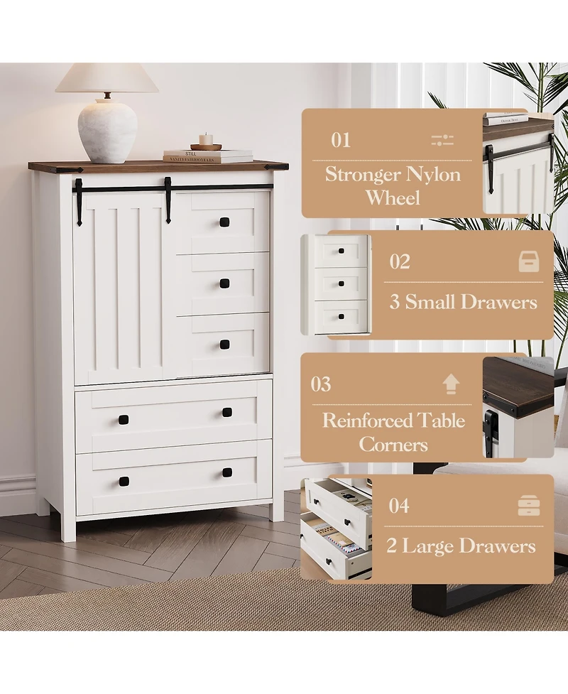homfan Farmhouse 5 Drawer Dresser for Bedroom, Wood Dresser Chest of Drawer with Sliding Barn Door, Adjustable Shelf
