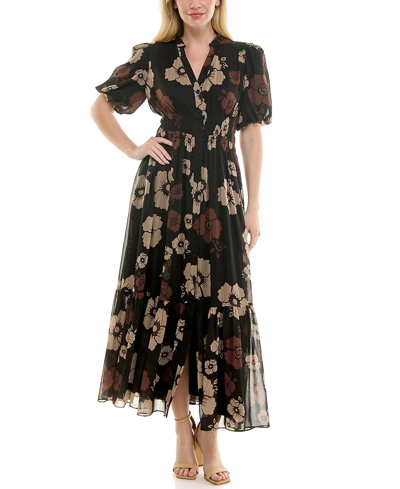 Taylor Women's Floral Print Puff-Sleeve Collared Polyester Shirt Dress