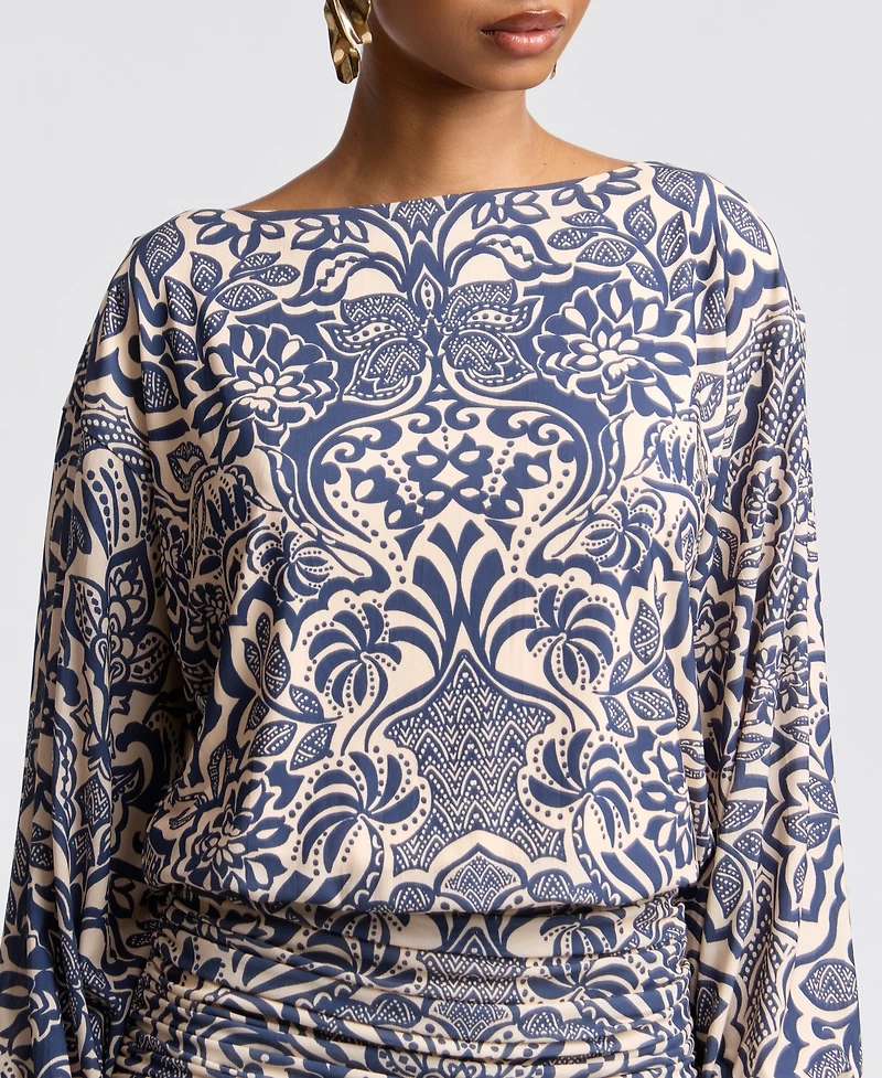 Avec Les Filles Women's Boat Neck Ruched Printed Mini Dress