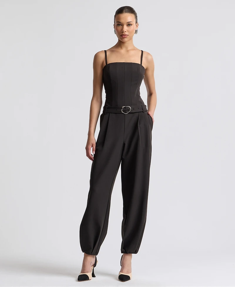 Avec Les Filles Women's Square Neck Belted Jumpsuit