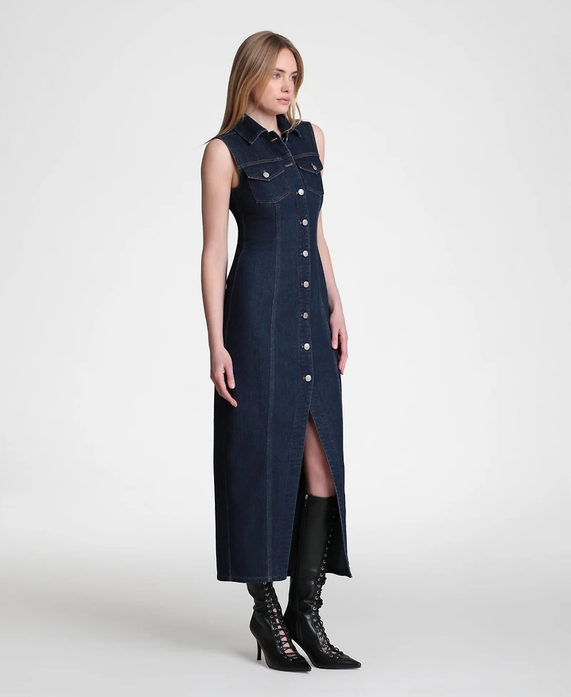 Avec Les Filles Women's Sleeveless Collared Mixed Media Maxi Dress