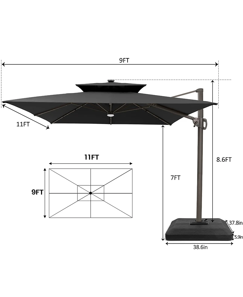 Pellebant Outdoor Patio 9x11FT Aluminum Double Canopy Solar Lights Cantilever Umbrella with Base