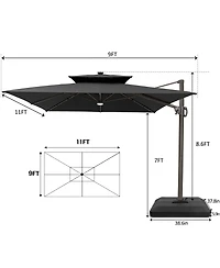 Pellebant Outdoor Patio 9x11FT Aluminum Double Canopy Solar Lights Cantilever Umbrella with Base