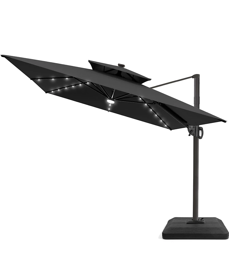 Pellebant Outdoor Patio 9x11FT Aluminum Double Canopy Solar Lights Cantilever Umbrella with Base