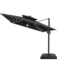 Pellebant Outdoor Patio 9x11FT Aluminum Double Canopy Solar Lights Cantilever Umbrella with Base