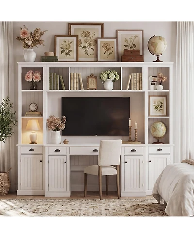 Homsee 88 Inch White L-Shaped Desk with Bookshelf - Office Desk and Storage Cabinet Combo | Anti-Tip Hardware Included