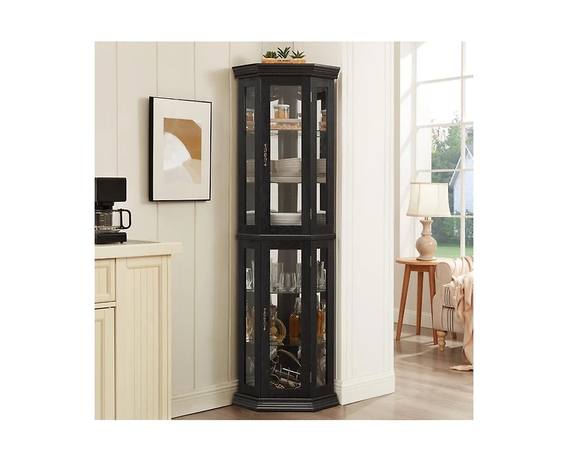 sumyeg Corner Glass Curio Cabinet Led Lit Display with Adjustable Tempered Shelves