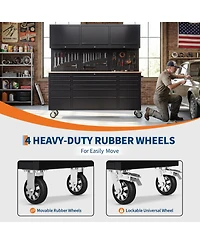 homfan 72 Inch 15 Drawer Workbench with 3 Locking Top Cabinets, Heavy Duty Steel and Rubber Wood Tool Chest