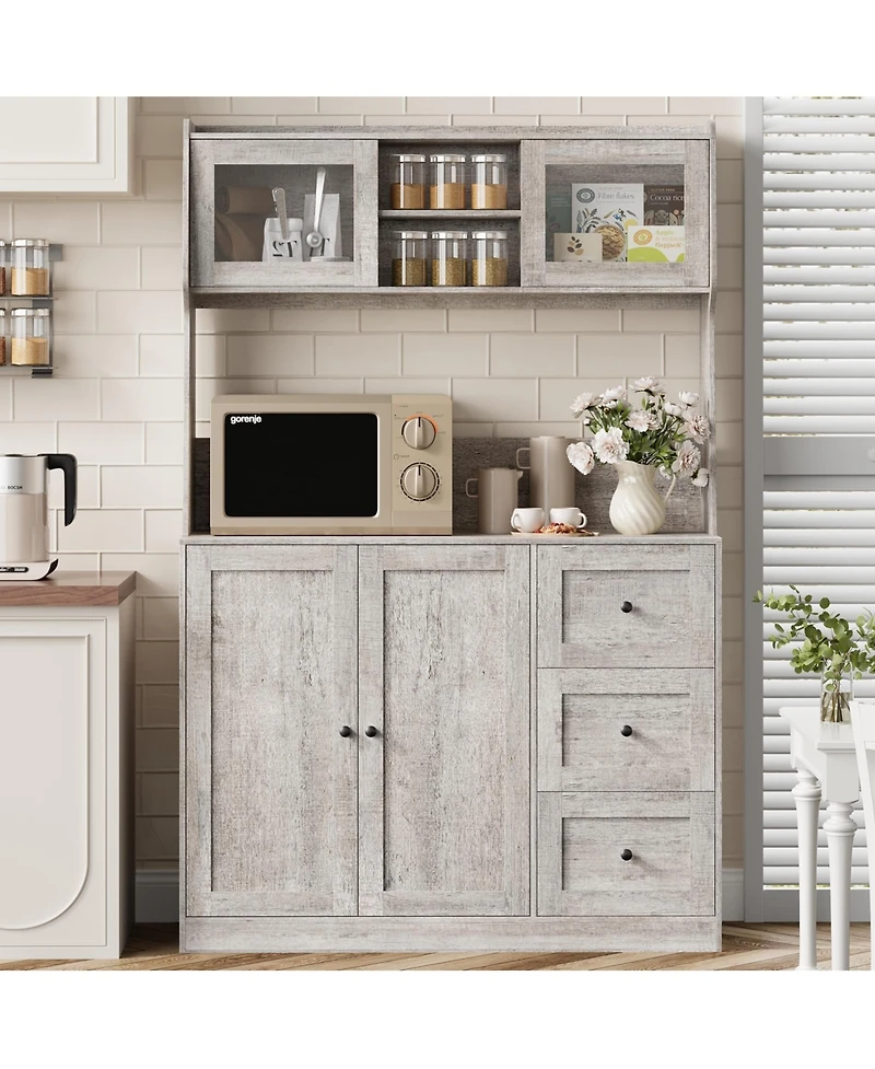 homfan 67inch Farmhouse Pantry Cabinet with Microwave Shelf, Kitchen Hutch Storage Cabinet, 3 Drawers and Glass Doors, Coffee Bar Station