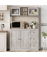 homfan 67inch Farmhouse Pantry Cabinet with Microwave Shelf, Kitchen Hutch Storage Cabinet, 3 Drawers and Glass Doors, Coffee Bar Station