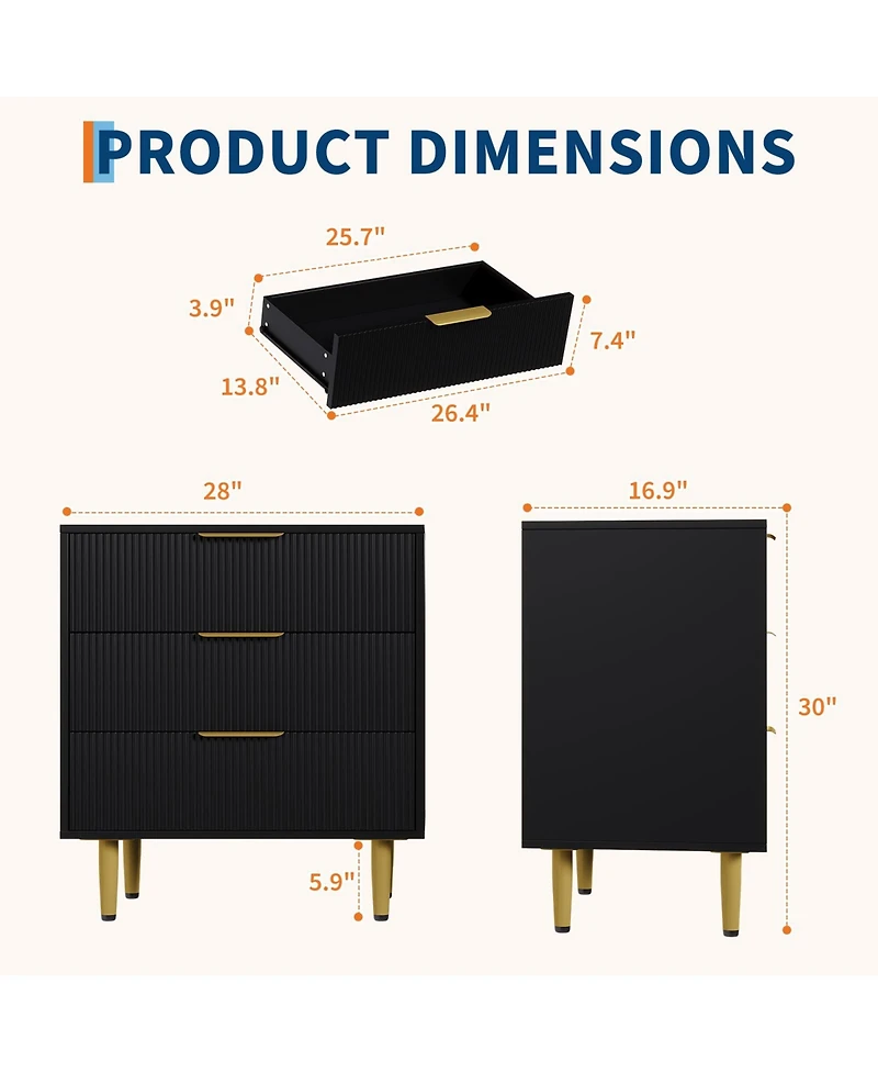 homfan Fluted 3-Drawer Dresser with Faux Marble Top, Gold Handles, Metal Legs, and Storage for Bedroom, Hallway, or Entryway