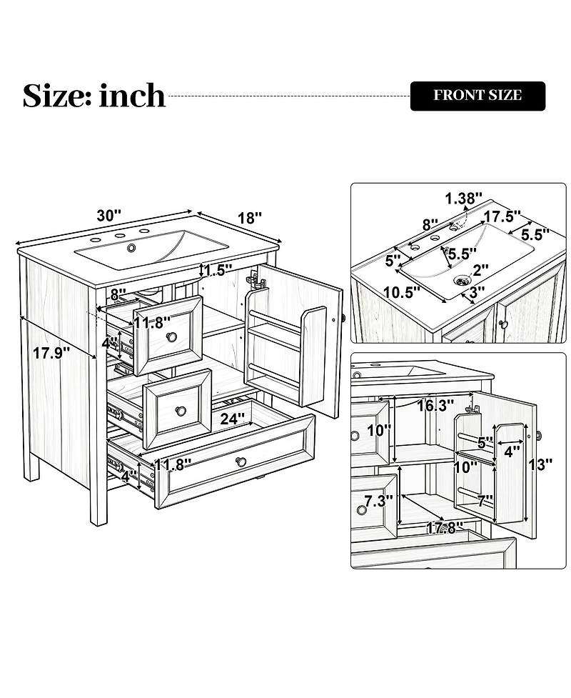 Sillysis 30 Inch Bathroom Vanity with Sink, Freestanding Wood Cabinet, Soft Close Drawers and Door, Modern Farmhouse Storage