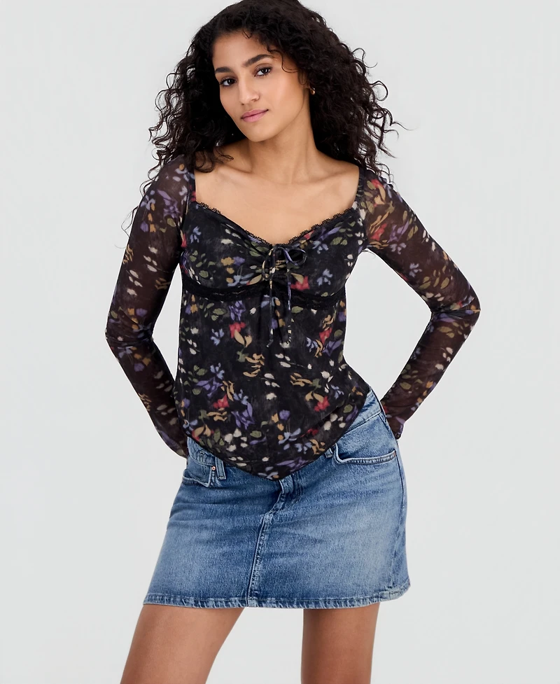 Just Polly Juniors' Sweetheart-Neck Long-Sleeve Mesh Top