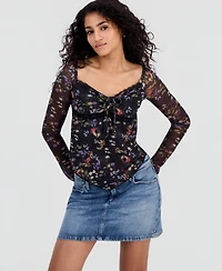 Just Polly Juniors' Sweetheart-Neck Long-Sleeve Mesh Top