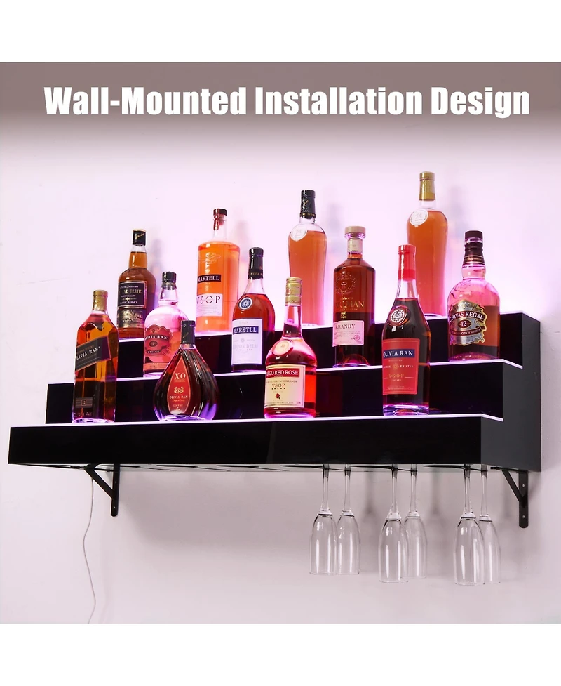 homfan 30 Inch Acrylic Wine Cabinet, 3-Tier Wall Mounted Led Liquor Display Shelf with Remote and App, Illuminated Wine Storage Organizer for Home Bar