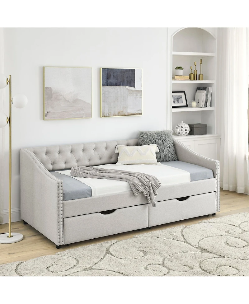 Clihome Daybed with Drawers Upholstered Tufted Sofa Bed, Button on Back and Copper Nail Waved Shape Arms