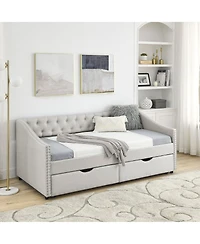 Clihome Daybed with Drawers Upholstered Tufted Sofa Bed, Button on Back and Copper Nail Waved Shape Arms