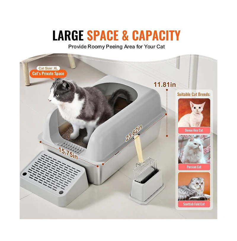 Ruie Stainless Steel Cat Litter Box Xl 6 In Deep With Scoop Filter Foot Board