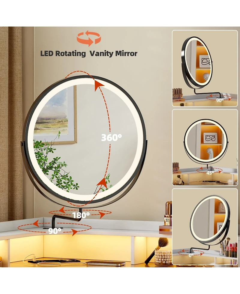 Vlsrka Corner Vanity Desk with Rotating Mirror and Lights