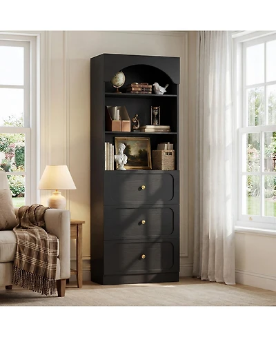 Aheaplus Wooden Pantry Storage Cabinets with 3-Tier Open Shelves, 80" Tall Bookshelf 3 Drawers