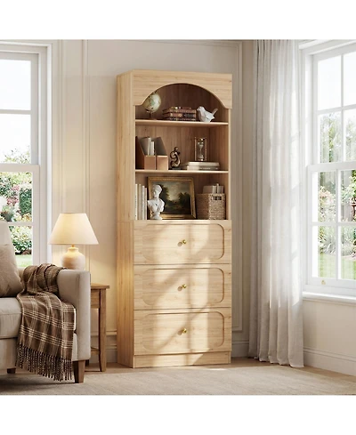 Aheaplus Wooden Pantry Storage Cabinets with 3-Tier Open Shelves, 80" Tall Bookshelf 3 Drawers