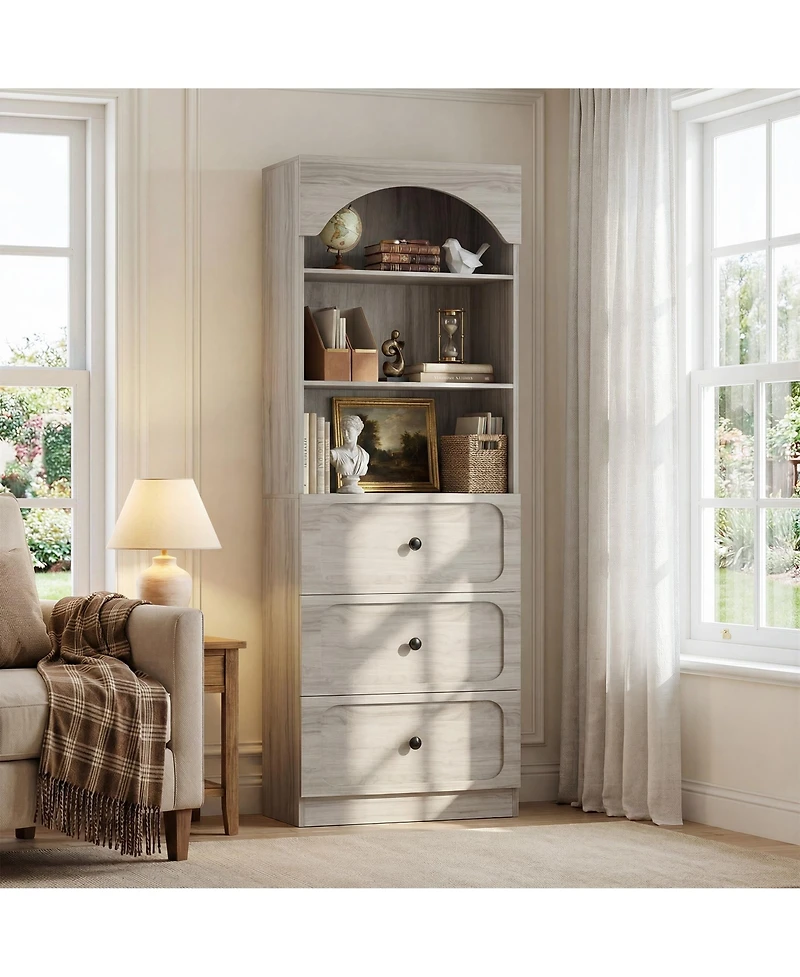 Aheaplus Wooden Pantry Storage Cabinets with 3-Tier Open Shelves, 80" Tall Bookshelf with 3 Drawers