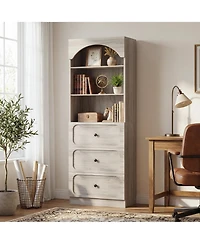 Aheaplus Wooden Pantry Storage Cabinets with 3-Tier Open Shelves, 80" Tall Bookshelf with 3 Drawers