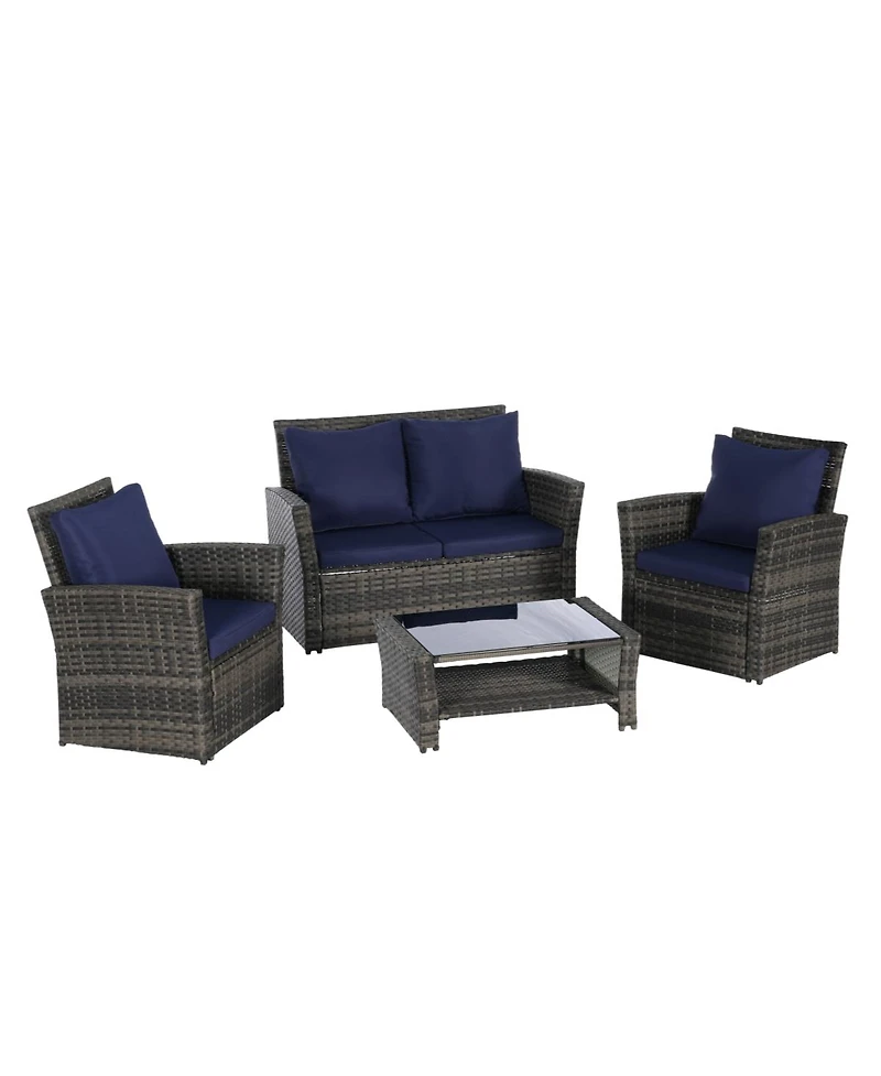 Asagikoiai 4-Piece Weather Resistant Patio Conversation Set with Wicker Chairs and Glass Table