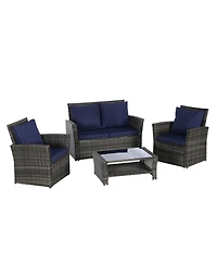 Asagikoiai 4-Piece Weather Resistant Patio Conversation Set with Wicker Chairs and Glass Table