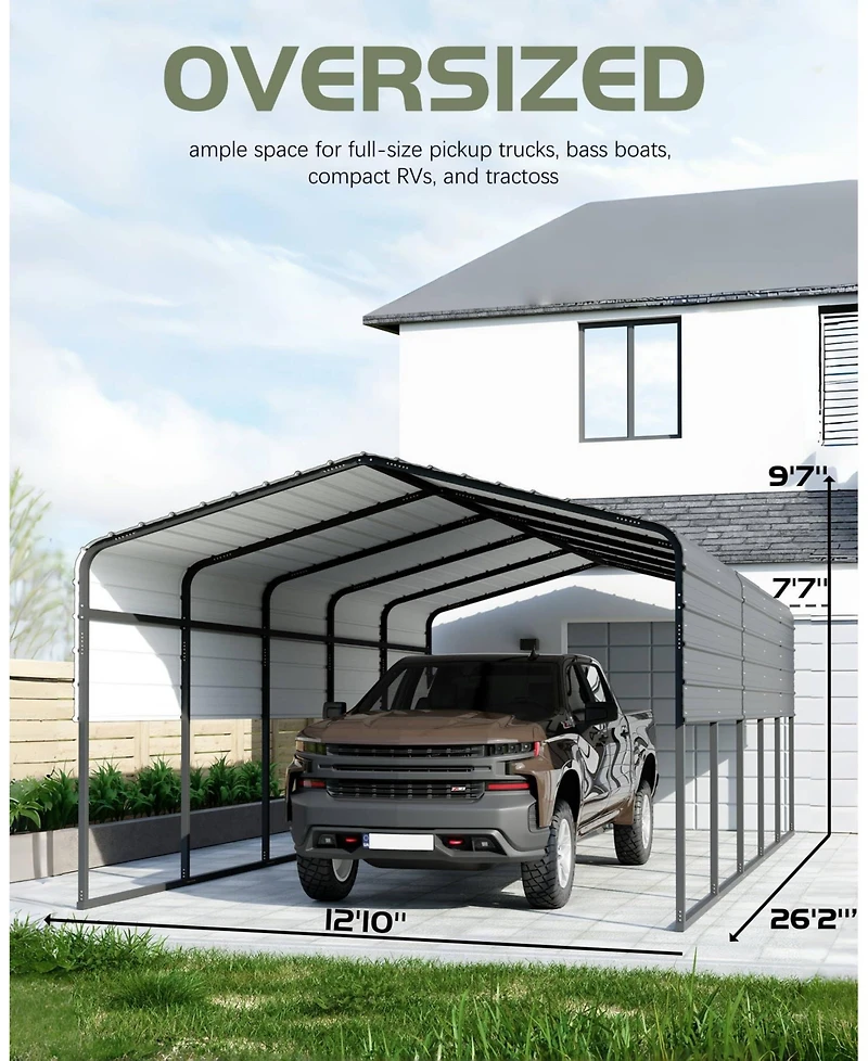 Homfan 13 x 26 x 10 Ft Heavy Duty Iron Carport Garage for Cars Trucks Boats Rv, Outdoor Metal Vehicle Shelter with Side Supports