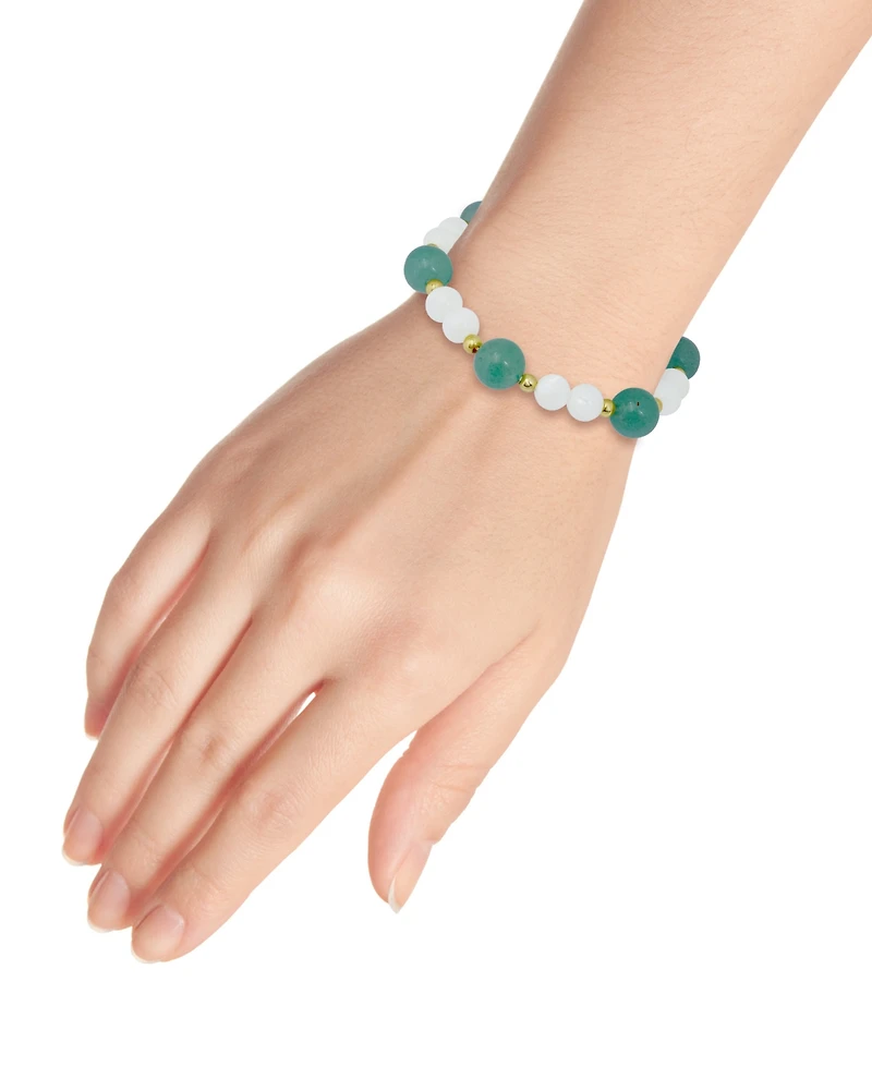 Macy's 14k Gold-Plated Over Brass Imitation Pearl Aventurine Beads Stretch Bracelet