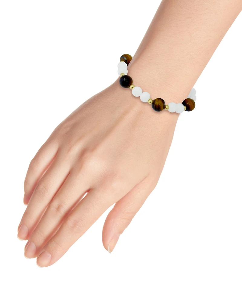Macy's 14k Gold-Plated Over Brass Imitation Pearl Tigers Eye Beads Stretch Bracelet