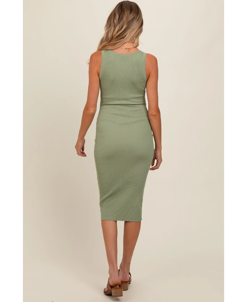 Pinkblush Maternity Light Olive Ribbed Fitted Sleeveless Snap Button Dress