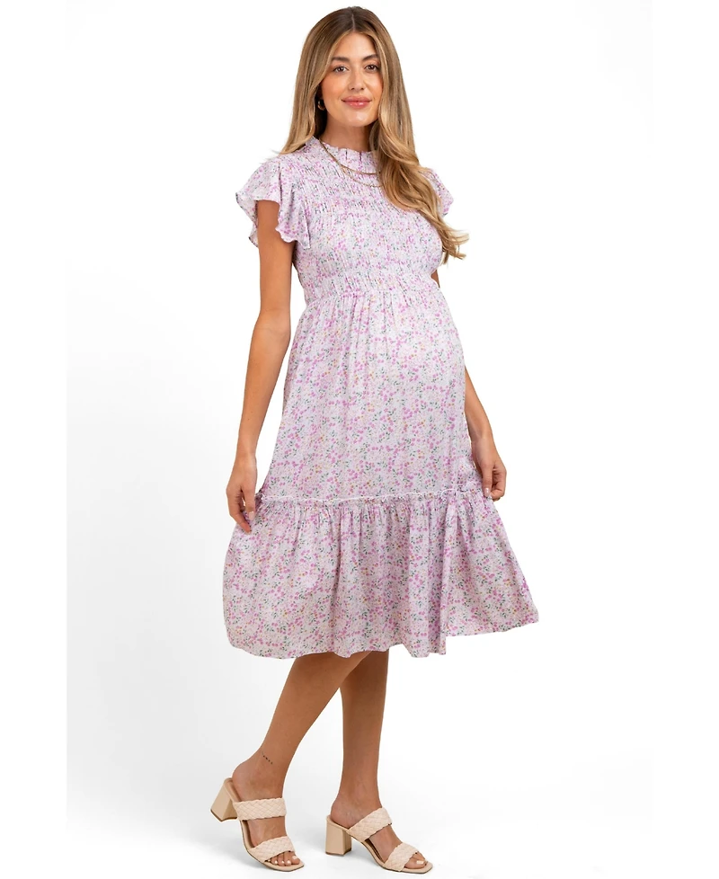 Pinkblush Maternity Pink Floral Mock Neck Smocked Ruffe Sleeve Midi Dress
