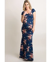 Pinkblush Maternity Navy Floral Off Shoulder Wrap Photoshoot Gown/Dress