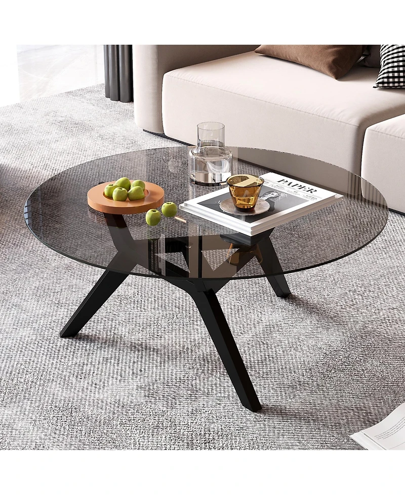 Vlsrka Minimalist Round Coffee Table with Tempered Glass and Geometric Legs