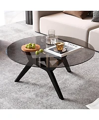 Vlsrka Minimalist Round Coffee Table with Tempered Glass and Geometric Legs