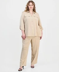 Anne Klein Plus Size Collared Half Zip Long Sleeve Top Pull On Straight Leg Pants
