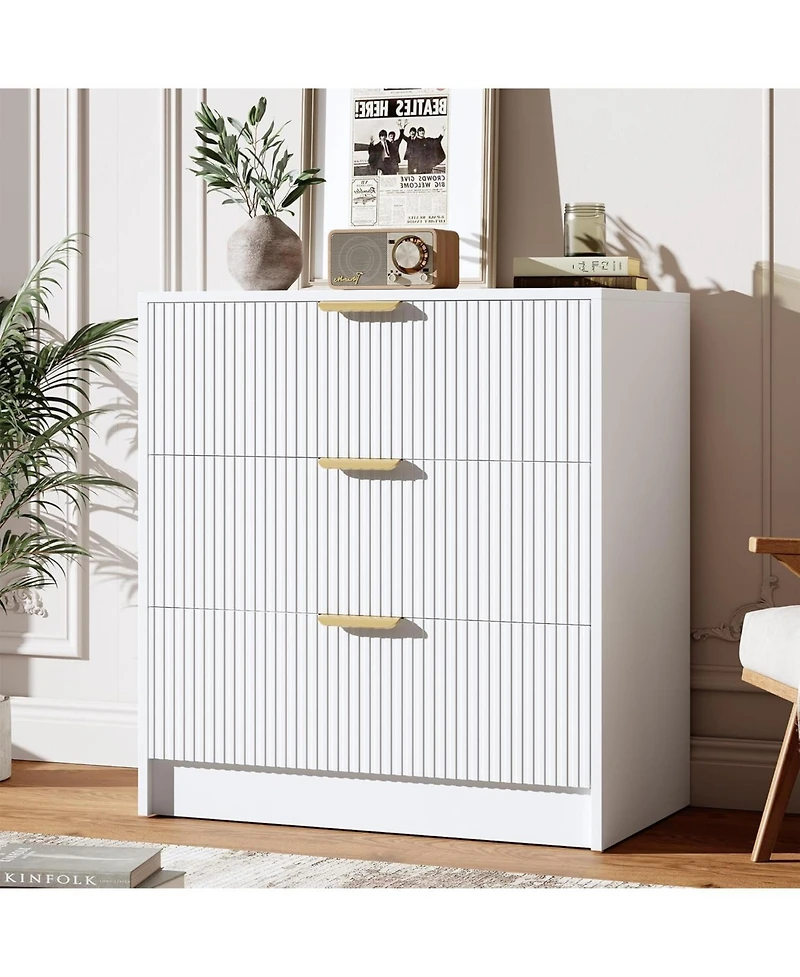 gaomon 3 Drawer Dresser, Modern Fluted Nightstand with Handles, Tall Chest for Bedroom, Living Room, Entryway