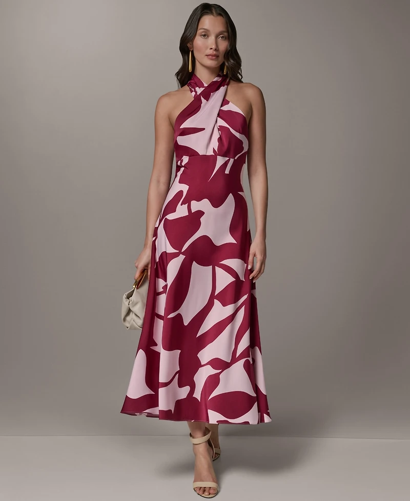 Donna Karan New York Women's Halter Neck Printed Satin A-Line Dress