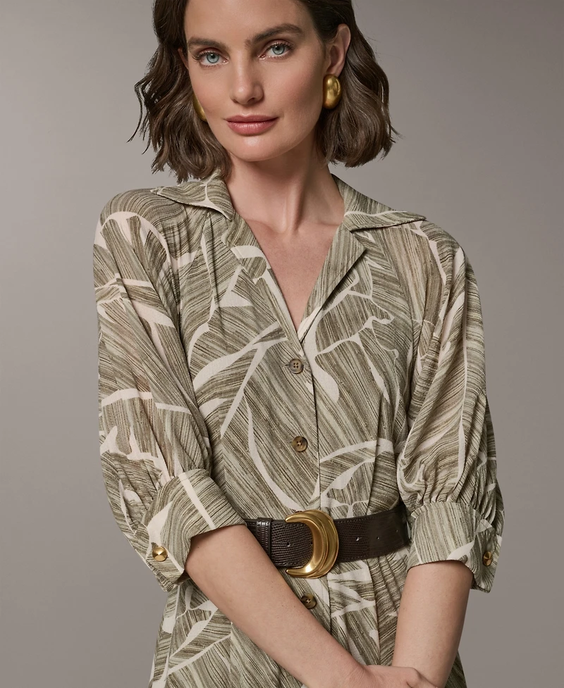 Donna Karan New York Women's Printed Collared Shirtdress with Faux Leather Belt