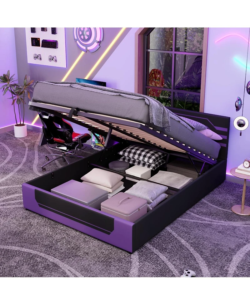 Streamdale Furniture Queen Size Hydraulic Storage Gaming Bed Frame, Cyberpunk Design