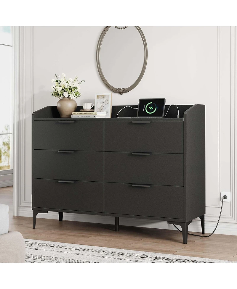 homfan 6-Drawer Dresser with Power Outlets, Usb Ports, Wide Wooden Storage Chest for Bedroom Living Room Entryway